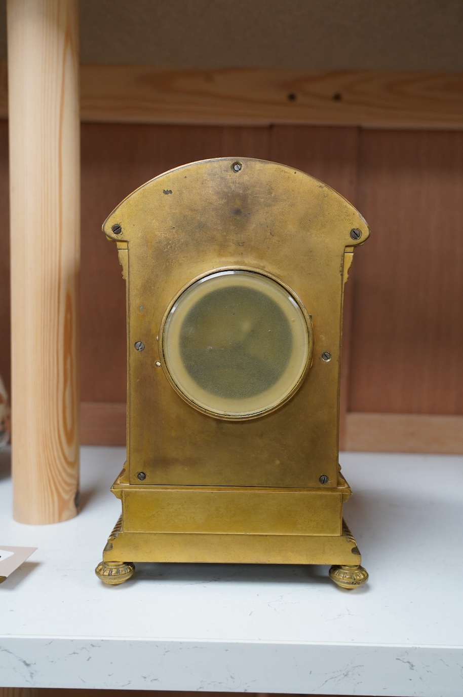 A late 19th century French champlevé enamel mantel clock, 22cm. Condition - good but with wear to dial, not tested as working